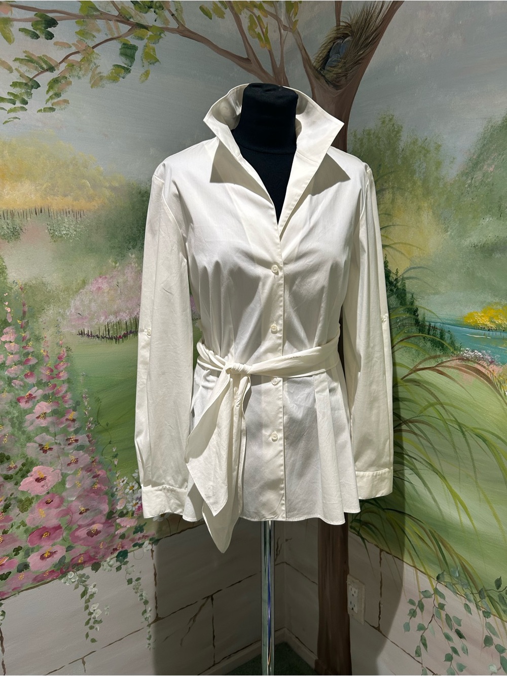 Vintage Lafayette 148 New York White Pleated Wrap Tie Waist Button-Down Shirt - Picture 5 of 10